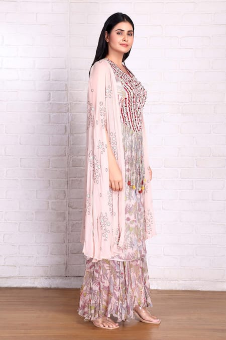 Buy_Preeti Jhawar_Multi Color Chiffon Embroidery, Sequins, Tassels Floral Print Cape Sharara Set _Online_at_Aza_Fashions