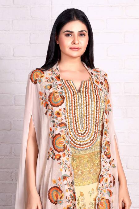 Preeti Jhawar Yellow Chiffon Embroidery Aari Cape Palazzo Set Online at Aza Fashions Preeti Jhawar_Yellow Chiffon Embroidery Aari Cape Palazzo Set _Online_at_Aza_Fashions