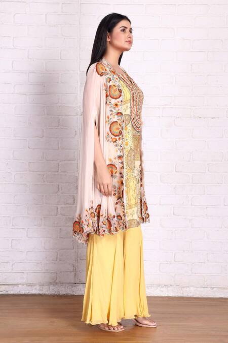 Buy Preeti Jhawar Yellow Chiffon Embroidery Aari Cape Palazzo Set Online at Aza Fashions Buy_Preeti Jhawar_Yellow Chiffon Embroidery Aari Cape Palazzo Set _Online_at_Aza_Fashions