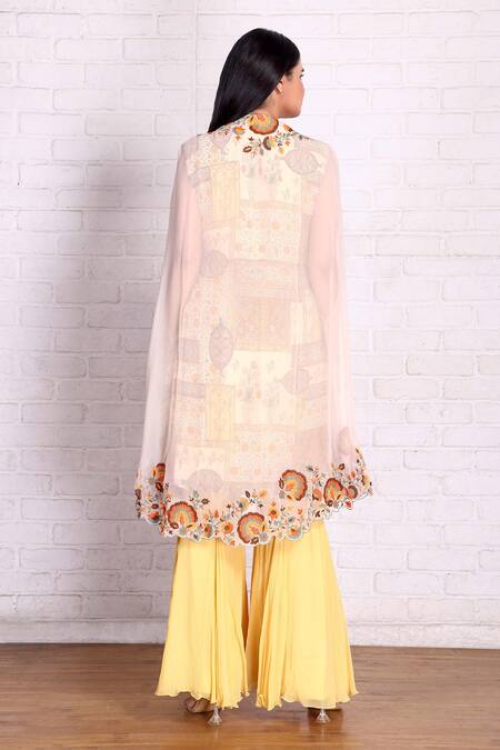 Shop Preeti Jhawar Yellow Chiffon Embroidery Aari Cape Palazzo Set at Aza Fashions Shop_Preeti Jhawar_Yellow Chiffon Embroidery Aari Cape Palazzo Set _at_Aza_Fashions