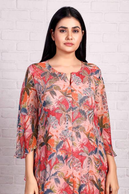 Preeti Jhawar_Multi Color Chiffon Cut Work, Sequins Tropical Print Asymmetric Kurta And Pant Set _Online_at_Aza_Fashions