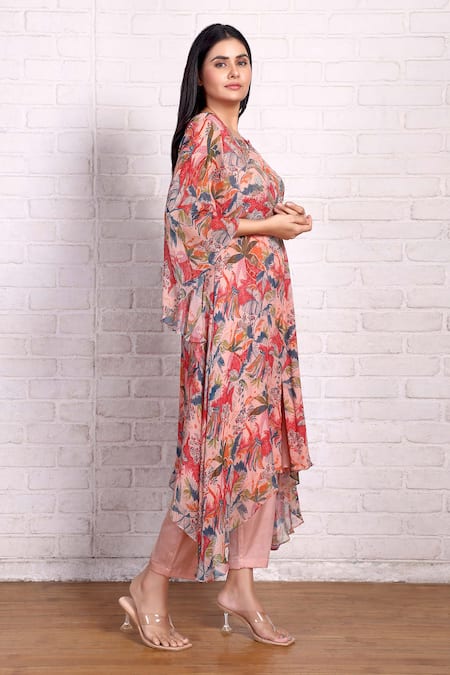 Buy_Preeti Jhawar_Multi Color Chiffon Cut Work, Sequins Tropical Print Asymmetric Kurta And Pant Set _Online_at_Aza_Fashions
