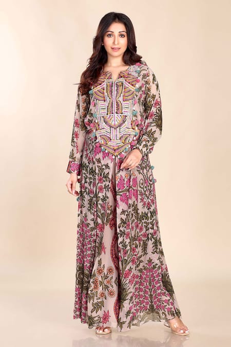 Preeti Jhawar Multi Color Chiffon Printed Floral Notched Top And Sharara Set 