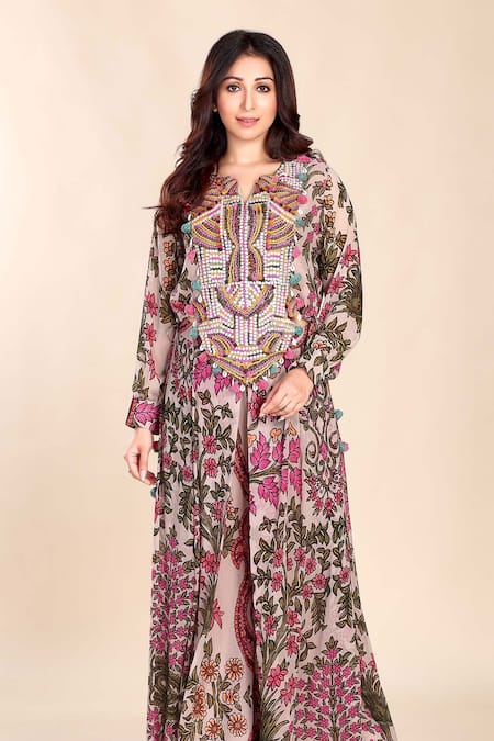 Preeti Jhawar_Multi Color Chiffon Embroidery, Sequins, Tassels Split Printed Top And Sharara Set _Online_at_Aza_Fashions