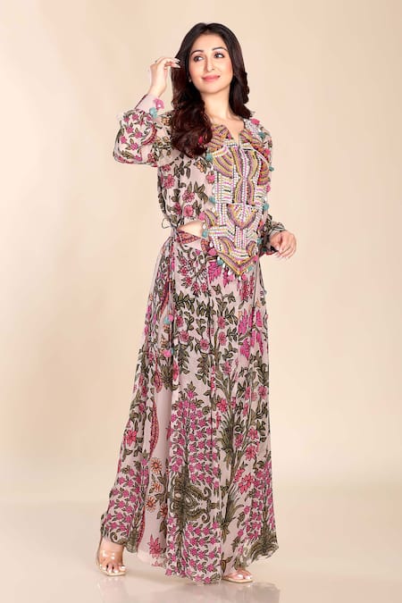 Buy_Preeti Jhawar_Multi Color Chiffon Embroidery, Sequins, Tassels Split Printed Top And Sharara Set _Online_at_Aza_Fashions
