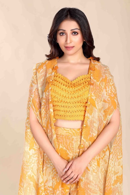 Preeti Jhawar_Yellow Chiffon Tassels Sweetheart Neck Floral Print Cape Palazzo Set _Online_at_Aza_Fashions
