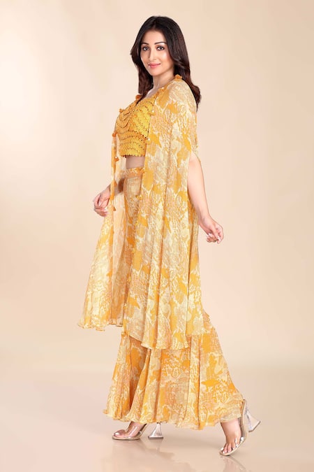 Buy_Preeti Jhawar_Yellow Chiffon Tassels Sweetheart Neck Floral Print Cape Palazzo Set _Online_at_Aza_Fashions