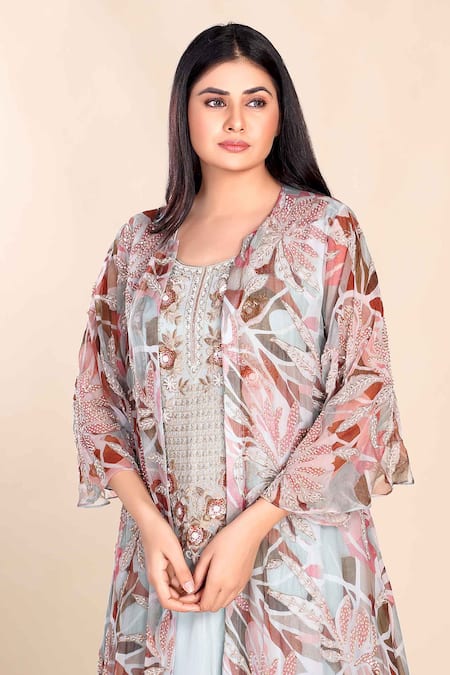 Preeti Jhawar_Blue Chiffon, Georgette Zari, Embroidery Open Neck, Printed Jacket Sharara Set _Online_at_Aza_Fashions