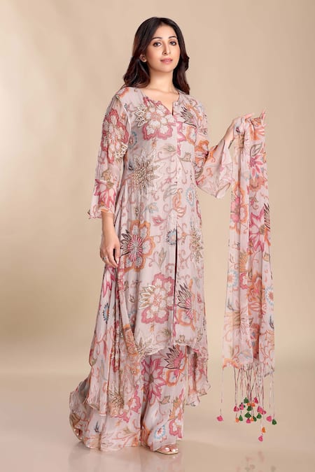Buy Preeti Jhawar Cream Chiffon Tassels, Embroidery, Cut Work Floral Print Kurta Palazzo Set Online at Aza Fashions Buy_Preeti Jhawar_Cream Chiffon Tassels, Embroidery, Cut Work Floral Print Kurta Palazzo Set _Online_at_Aza_Fashions