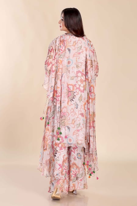 Shop Preeti Jhawar Cream Chiffon Tassels, Embroidery, Cut Work Floral Print Kurta Palazzo Set at Aza Fashions Shop_Preeti Jhawar_Cream Chiffon Tassels, Embroidery, Cut Work Floral Print Kurta Palazzo Set _at_Aza_Fashions