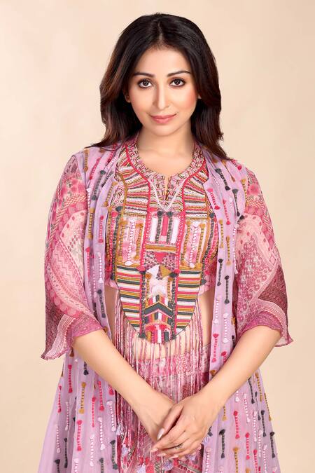 Preeti Jhawar_Multi Color Chiffon, Organza Embroidery Round Thread Work Jacket Sharara Set _Online_at_Aza_Fashions
