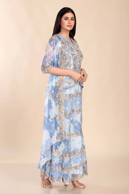 Preeti Jhawar Blue Chiffon Pearls, Beads, Zari Open Printed Embroidered Jacket And Sharara Set Online at Aza Fashions Preeti Jhawar_Blue Chiffon Pearls, Beads, Zari Open Printed Embroidered Jacket And Sharara Set _Online_at_Aza_Fashions