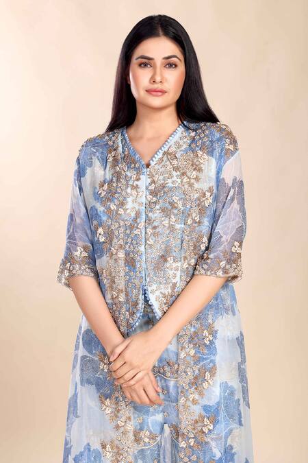 Buy Preeti Jhawar Blue Chiffon Pearls, Beads, Zari Open Printed Embroidered Jacket And Sharara Set Online at Aza Fashions Buy_Preeti Jhawar_Blue Chiffon Pearls, Beads, Zari Open Printed Embroidered Jacket And Sharara Set _Online_at_Aza_Fashions