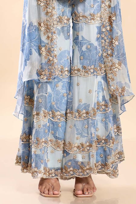 Shop Preeti Jhawar Blue Chiffon Pearls, Beads, Zari Open Printed Embroidered Jacket And Sharara Set Online at Aza Fashions Shop_Preeti Jhawar_Blue Chiffon Pearls, Beads, Zari Open Printed Embroidered Jacket And Sharara Set _Online_at_Aza_Fashions