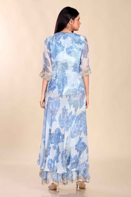 Shop Preeti Jhawar Blue Chiffon Pearls, Beads, Zari Open Printed Embroidered Jacket And Sharara Set at Aza Fashions Shop_Preeti Jhawar_Blue Chiffon Pearls, Beads, Zari Open Printed Embroidered Jacket And Sharara Set _at_Aza_Fashions