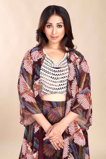 Preeti Jhawar_Multi Color Chiffon Beads V-, Open Bird Print Jacket And Sharara Set _Online_at_Aza_Fashions