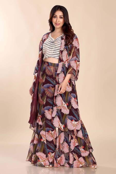 Buy_Preeti Jhawar_Multi Color Chiffon Beads V-, Open Bird Print Jacket And Sharara Set _Online_at_Aza_Fashions