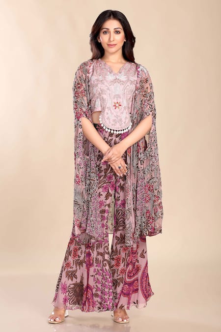 Preeti Jhawar Floral Print Cape & Palazzo Set 