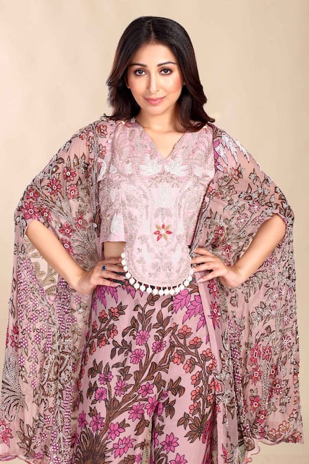 Preeti Jhawar Pink Handloom Cotton Zari V-neck Floral Print Cape And Palazzo Set Online at Aza Fashions Preeti Jhawar_Pink Handloom Cotton Zari V-neck Floral Print Cape And Palazzo Set _Online_at_Aza_Fashions