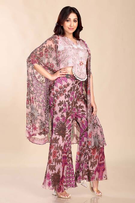 Buy Preeti Jhawar Pink Handloom Cotton Zari V-neck Floral Print Cape And Palazzo Set Online at Aza Fashions Buy_Preeti Jhawar_Pink Handloom Cotton Zari V-neck Floral Print Cape And Palazzo Set _Online_at_Aza_Fashions