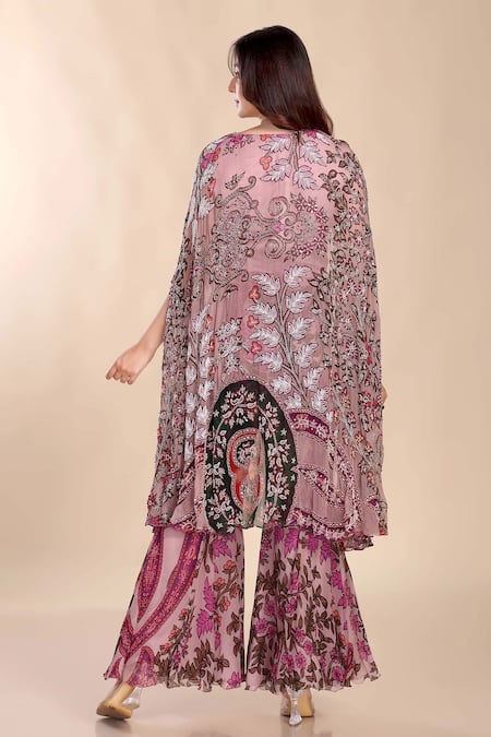 Shop Preeti Jhawar Pink Handloom Cotton Zari V-neck Floral Print Cape And Palazzo Set at Aza Fashions Shop_Preeti Jhawar_Pink Handloom Cotton Zari V-neck Floral Print Cape And Palazzo Set _at_Aza_Fashions
