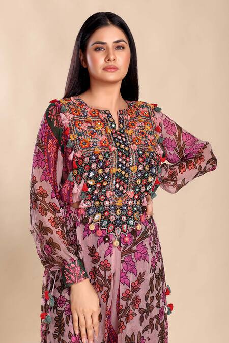 Preeti Jhawar_Multi Color Chiffon Embroidery, Beads Split Floral Print Top And Sharara Set _Online_at_Aza_Fashions