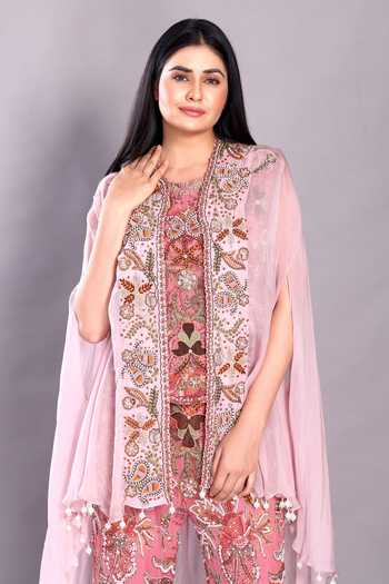 Preeti Jhawar Pink Chiffon Beads, Zari, Embroidery Round Neck Organza Cape And Palazzo Set Online at Aza Fashions Preeti Jhawar_Pink Chiffon Beads, Zari, Embroidery Round Neck Organza Cape And Palazzo Set _Online_at_Aza_Fashions