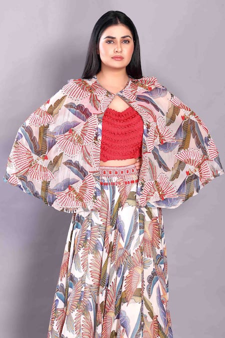 Preeti Jhawar_Multi Color Handloom Cotton Beads, Printed Cape And Embellished Lehenga Set _Online_at_Aza_Fashions