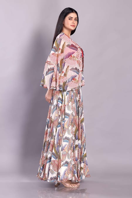 Buy_Preeti Jhawar_Multi Color Handloom Cotton Beads, Printed Cape And Embellished Lehenga Set _Online_at_Aza_Fashions