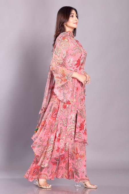 Buy Preeti Jhawar Pink Chiffon Cut Work, Sequins, Tassels Split V-neck Printed Kurta And Palazzo Set Online at Aza Fashions Buy_Preeti Jhawar_Pink Chiffon Cut Work, Sequins, Tassels Split V-neck Printed Kurta And Palazzo Set _Online_at_Aza_Fashions