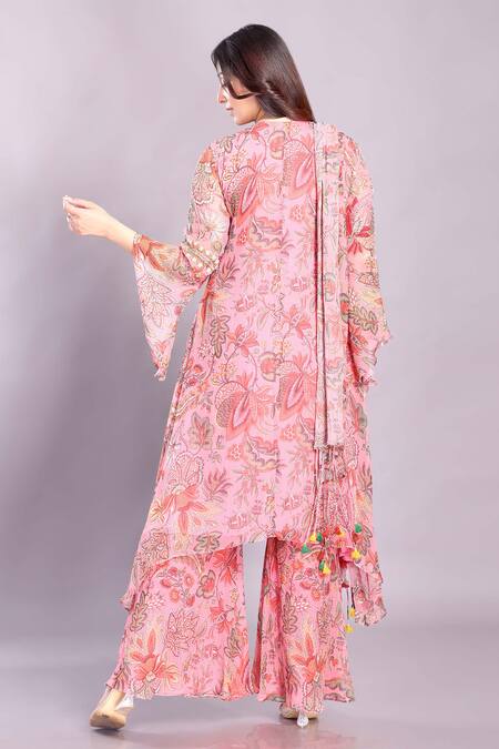 Shop Preeti Jhawar Pink Chiffon Cut Work, Sequins, Tassels Split V-neck Printed Kurta And Palazzo Set at Aza Fashions Shop_Preeti Jhawar_Pink Chiffon Cut Work, Sequins, Tassels Split V-neck Printed Kurta And Palazzo Set _at_Aza_Fashions
