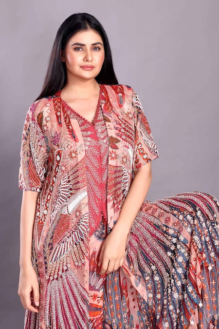 Preeti Jhawar_Multi Color Organza, Chiffon Bird Print Embellished Jacket And Sharara Set _Online_at_Aza_Fashions