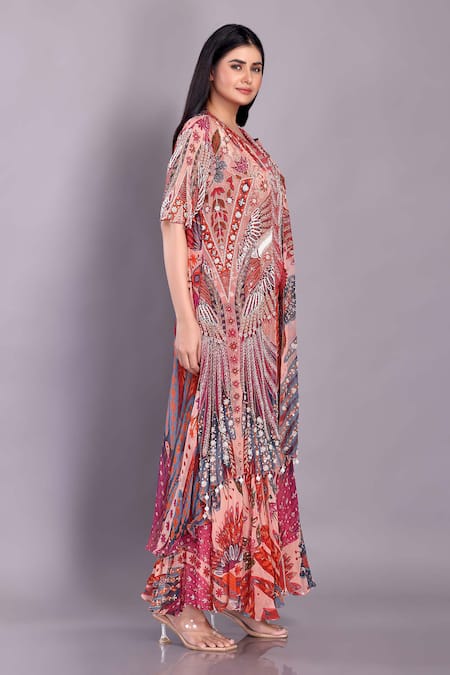 Buy_Preeti Jhawar_Multi Color Organza, Chiffon Bird Print Embellished Jacket And Sharara Set _Online_at_Aza_Fashions