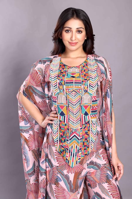 Preeti Jhawar_Pink Chiffon Embroidery, Mirrors Round Neck Bird Print Cape And Sharara Set _Online_at_Aza_Fashions