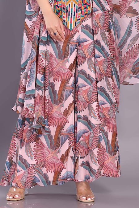 Buy_Preeti Jhawar_Pink Chiffon Embroidery, Mirrors Round Neck Bird Print Cape And Sharara Set _Online_at_Aza_Fashions