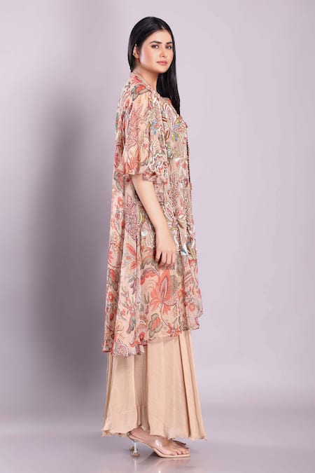Buy_Preeti Jhawar_Beige Chiffon Beads, Embroidery Round Neck, Zardosi Hand Jacket Sharara Set _Online_at_Aza_Fashions