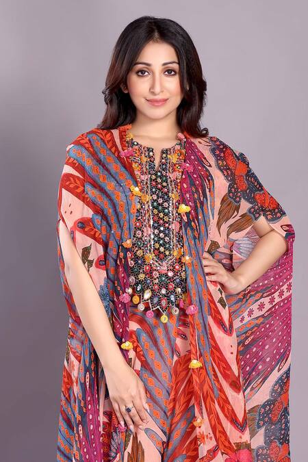 Preeti Jhawar_Multi Color Chiffon Sequins, Embroidery Bird Print High Low Cape And Sharara Set_Online_at_Aza_Fashions