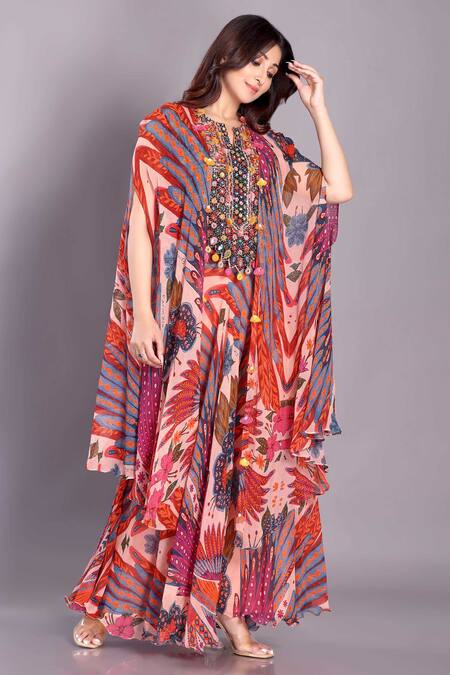 Buy_Preeti Jhawar_Multi Color Chiffon Sequins, Embroidery Bird Print High Low Cape And Sharara Set_Online_at_Aza_Fashions