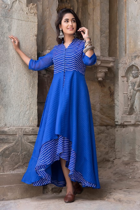 The Home Affair_Blue Kota Doria Embroidery Mandarin Collar Leheriya Striped Asymmetric Dress _Online_at_Aza_Fashions