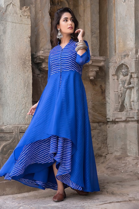 Buy_The Home Affair_Blue Kota Doria Embroidery Mandarin Collar Leheriya Striped Asymmetric Dress _Online_at_Aza_Fashions