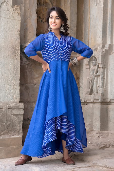 Shop_The Home Affair_Blue Kota Doria Embroidery Mandarin Collar Leheriya Striped Asymmetric Dress _Online_at_Aza_Fashions