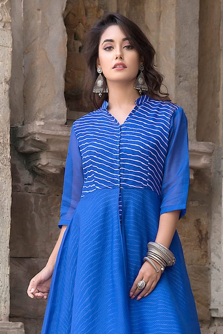 The Home Affair_Blue Kota Doria Embroidery Mandarin Collar Leheriya Striped Asymmetric Dress _at_Aza_Fashions
