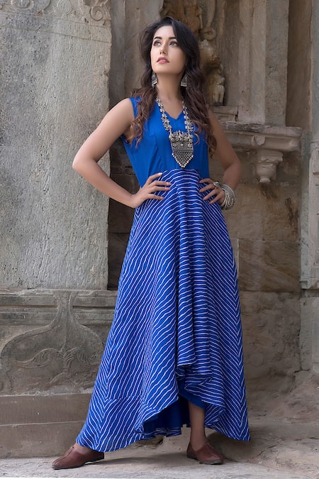 The Home Affair_Blue Kota Doria V-neck Leheriya Striped High Low Dress _Online_at_Aza_Fashions