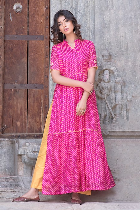 The Home Affair Pink Kota Doria Patch Work Leheriya Striped Stand Collar Slit Kurta Pant Set 