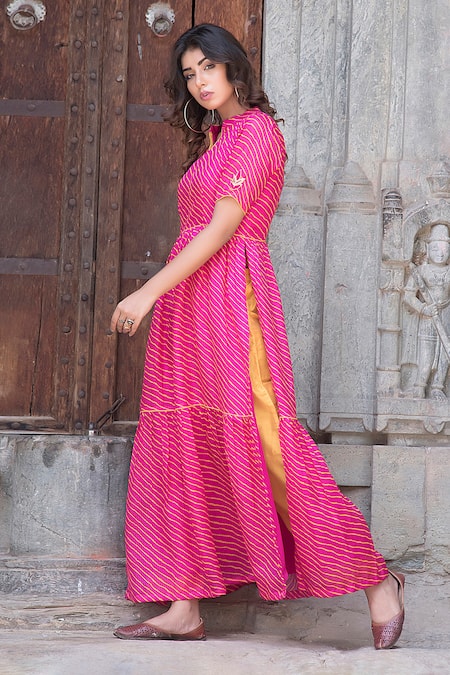 Shop_The Home Affair_Pink Kota Doria Embroidery, Patchwork Collared Leheriya Slit Kurta Pant Set _Online_at_Aza_Fashions