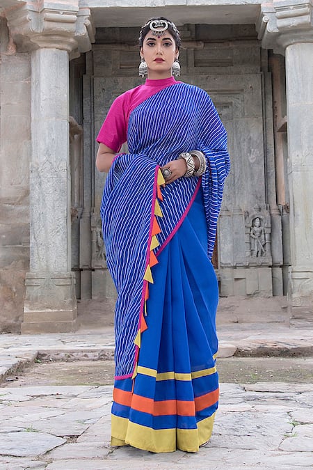 The Home Affair_Blue Kota Doria Tassels Leheriya Striped Saree With Unstitched Blouse _Online_at_Aza_Fashions