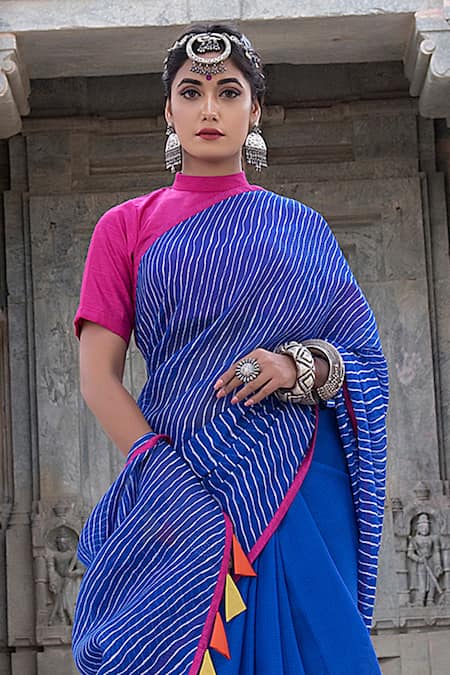 Buy_The Home Affair_Blue Kota Doria Tassels Leheriya Striped Saree With Unstitched Blouse _Online_at_Aza_Fashions