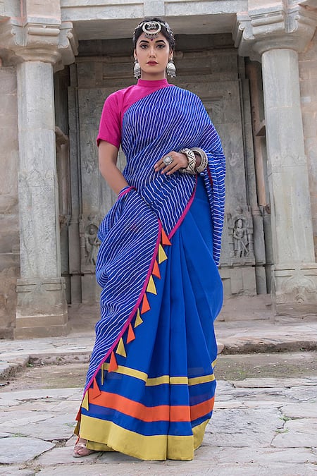 Shop_The Home Affair_Blue Kota Doria Tassels Leheriya Striped Saree With Unstitched Blouse _Online_at_Aza_Fashions