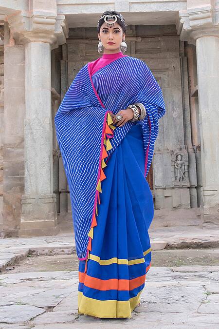 Teal Tussar Silk Leheriya Saree