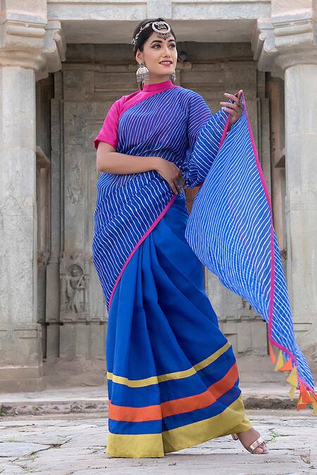 Buy_The Home Affair_Blue Kota Doria Tassels Leheriya Striped Saree With Unstitched Blouse 